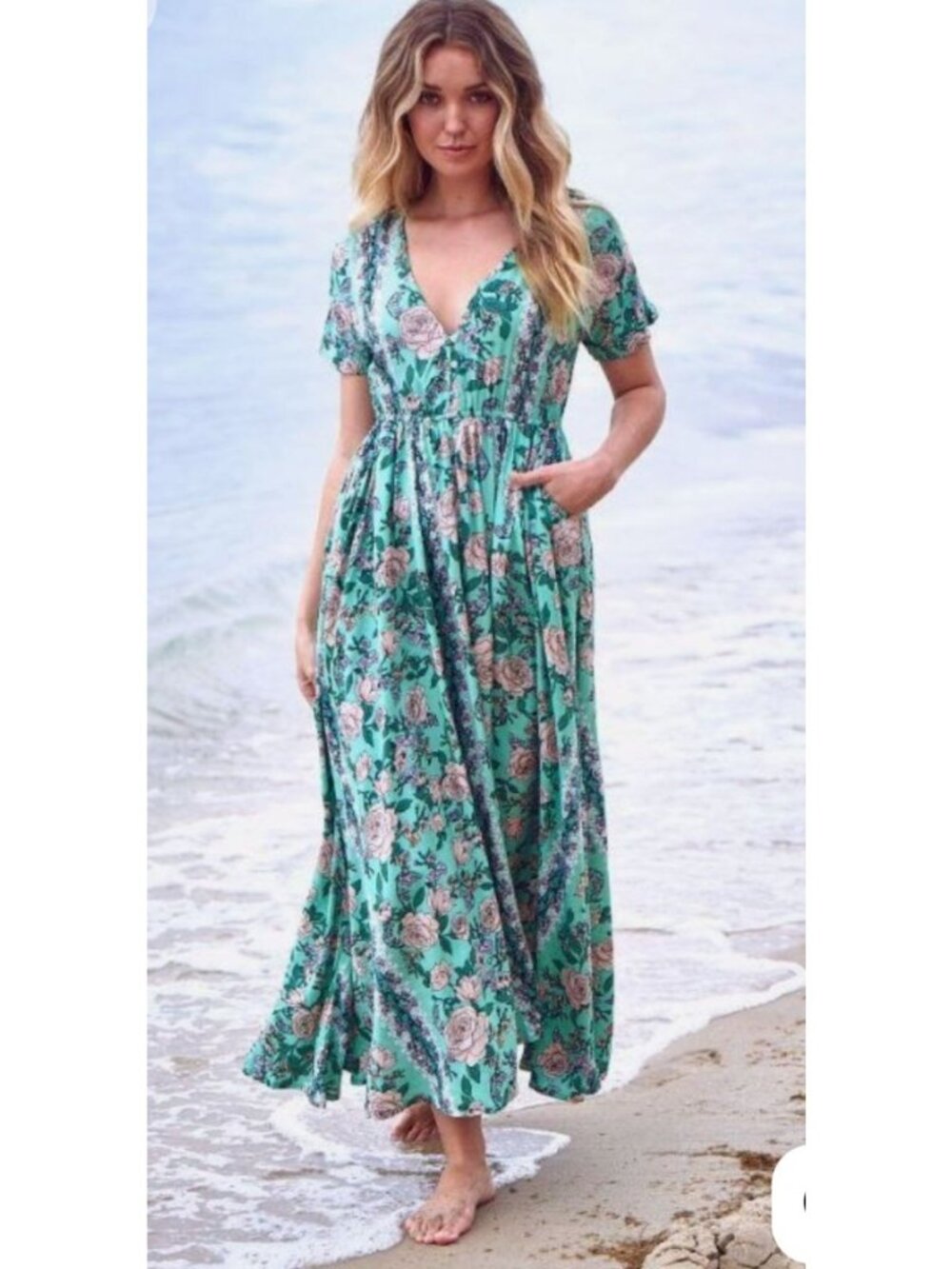 JAASE Carmen Maxi‎ Dress Medium Emerald Green Floral Boho Button Front Pockets